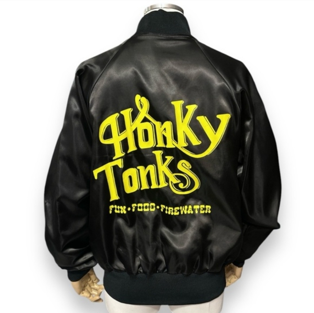 CAMPUS ATHLETICS Black Satin Bomber Jacket Honkey Tonks VINTAGE 80s